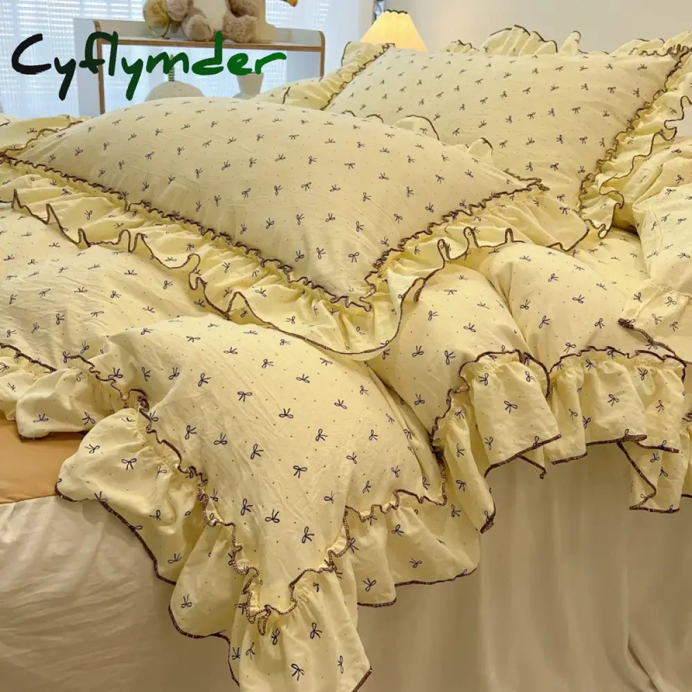 Cyflymder 2/3Pc Korean Princess Style Floral Ruffles Bedding Set Single Queen Size Soft Skin-friendly Washed Cotton