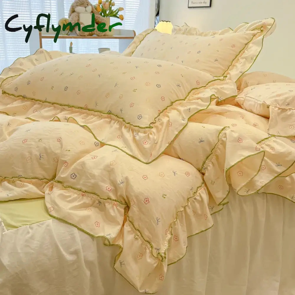 Cyflymder 2/3Pc Korean Princess Style Floral Ruffles Bedding Set Single Queen Size Soft Skin-friendly Washed Cotton