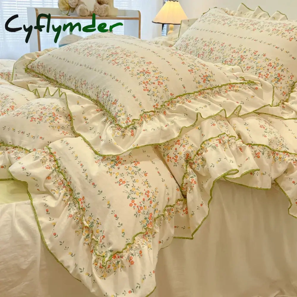 Cyflymder 2/3Pc Korean Princess Style Floral Ruffles Bedding Set Single Queen Size Soft Skin-friendly Washed Cotton