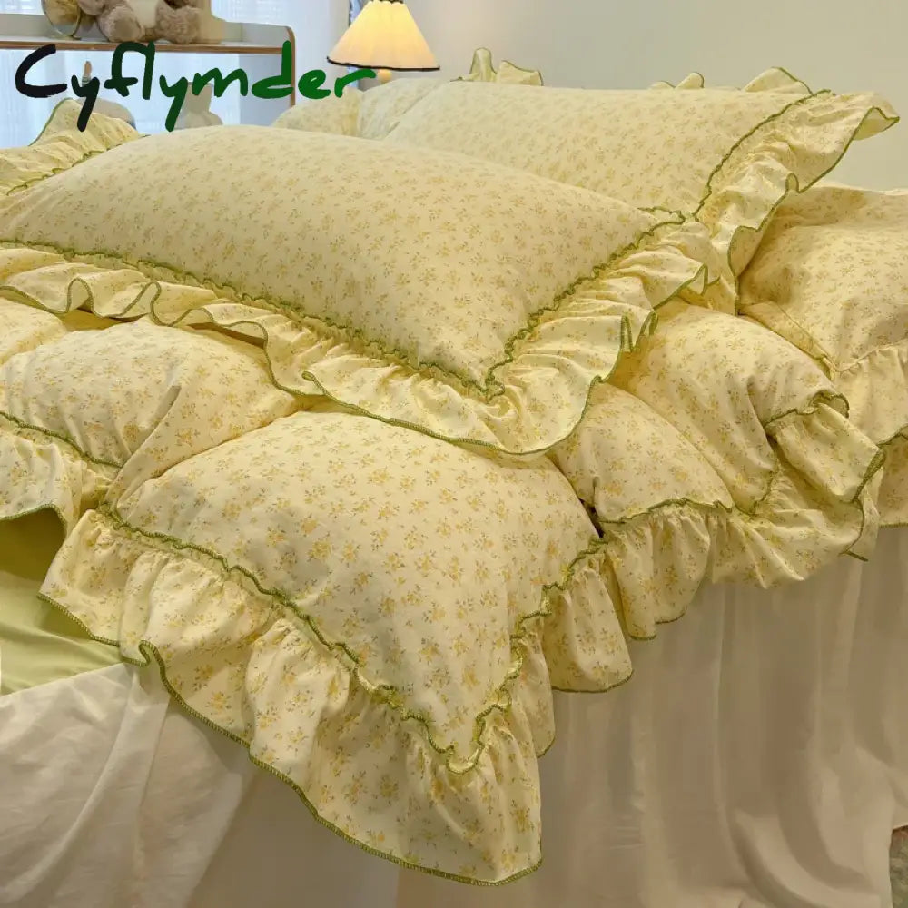 Cyflymder 2/3Pc Korean Princess Style Floral Ruffles Bedding Set Single Queen Size Soft Skin-friendly Washed Cotton