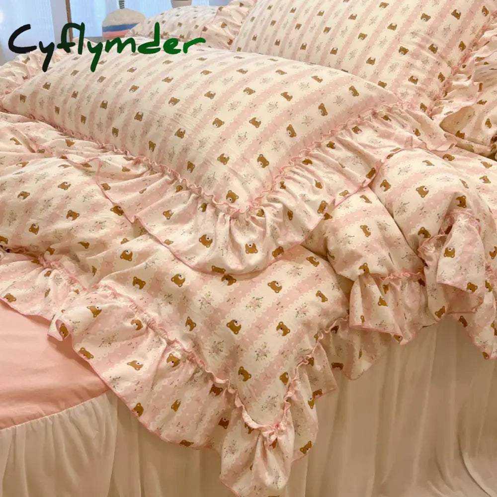 Cyflymder 2/3Pc Korean Princess Style Floral Ruffles Bedding Set Single Queen Size Soft Skin-friendly Washed Cotton