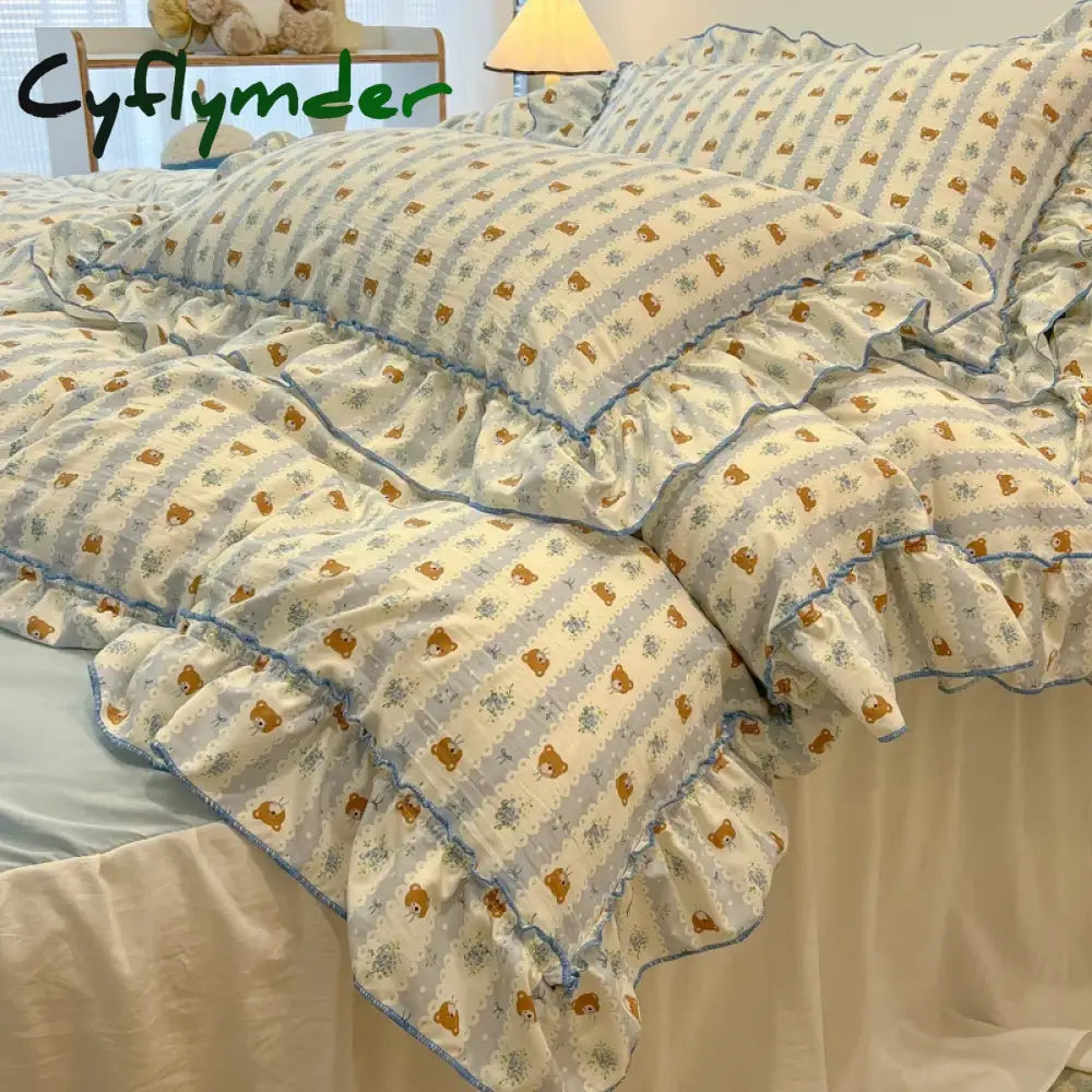 Cyflymder 2/3Pc Korean Princess Style Floral Ruffles Bedding Set Single Queen Size Soft Skin-friendly Washed Cotton