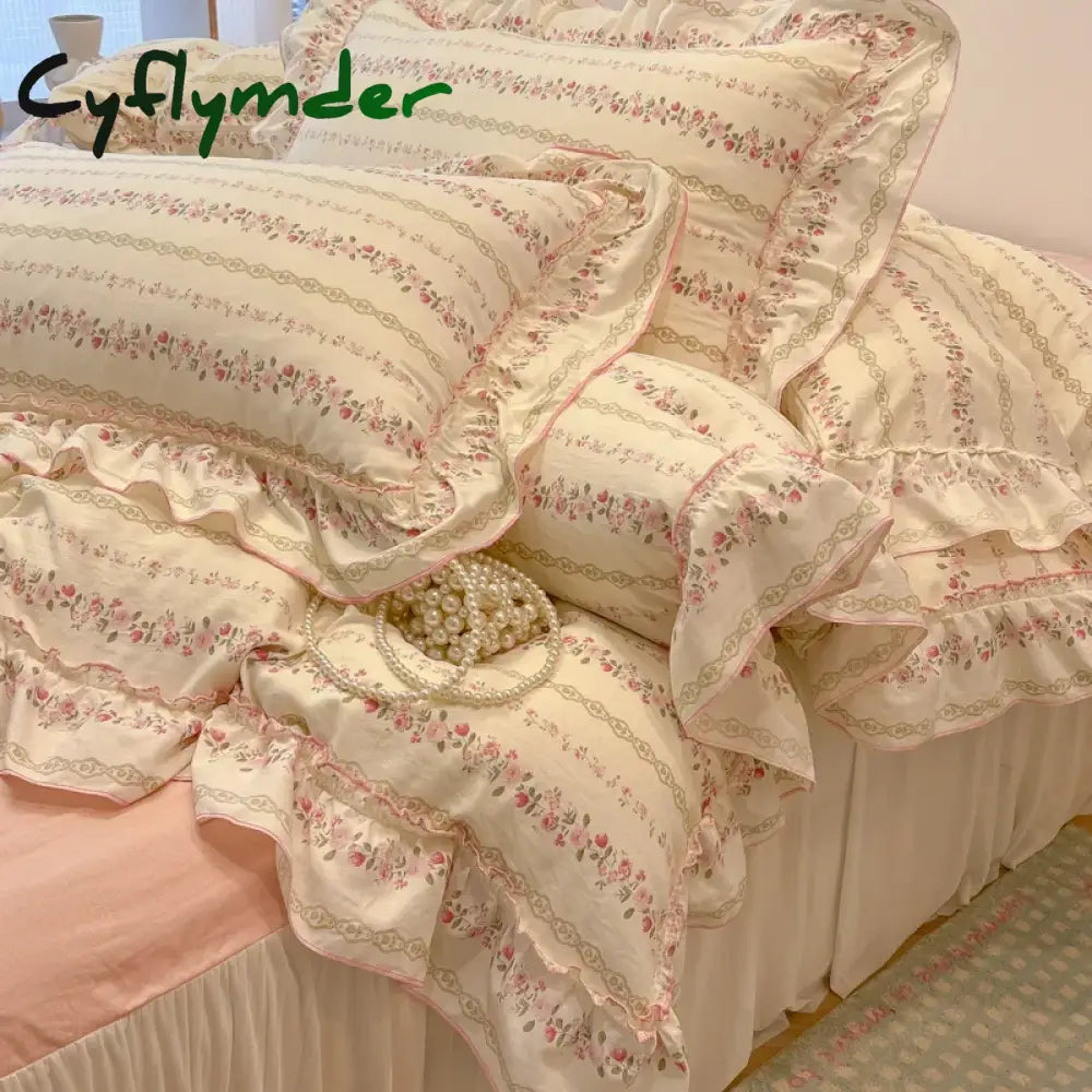 Cyflymder 2/3Pc Korean Princess Style Floral Ruffles Bedding Set Single Queen Size Soft Skin-friendly Washed Cotton