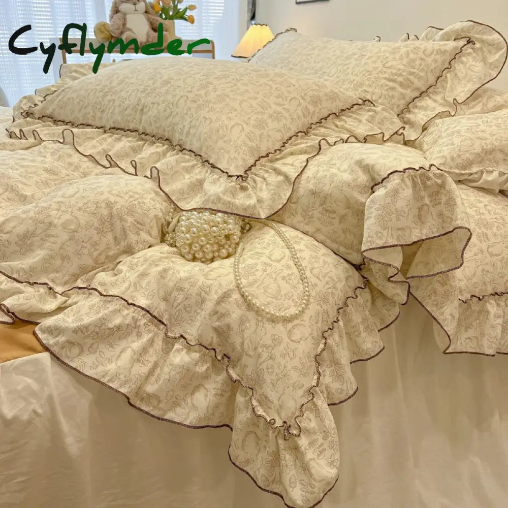 Cyflymder 2/3Pc Korean Princess Style Floral Ruffles Bedding Set Single Queen Size Soft Skin-friendly Washed Cotton