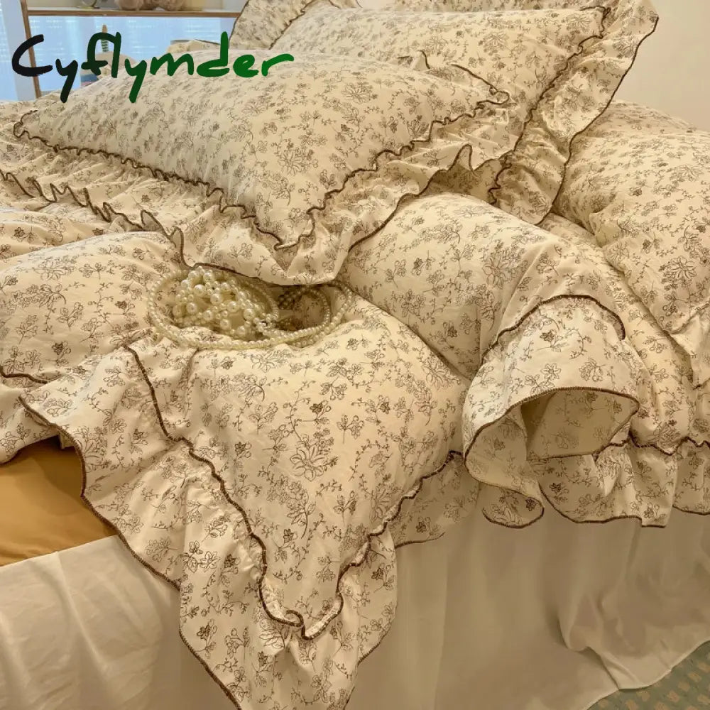 Cyflymder 2/3Pc Korean Princess Style Floral Ruffles Bedding Set Single Queen Size Soft Skin-friendly Washed Cotton