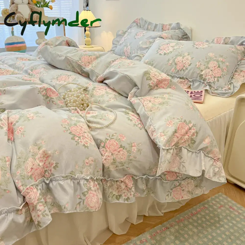 Cyflymder 2/3Pc Korean Princess Style Floral Ruffles Bedding Set Single Queen Size Soft Skin-friendly Washed Cotton