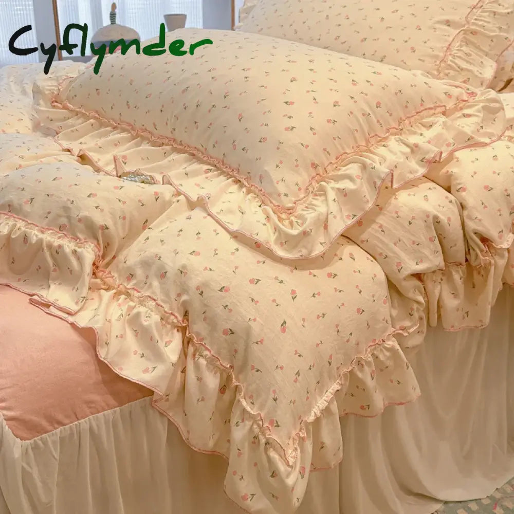 Cyflymder 2/3Pc Korean Princess Style Floral Ruffles Bedding Set Single Queen Size Soft Skin-friendly Washed Cotton