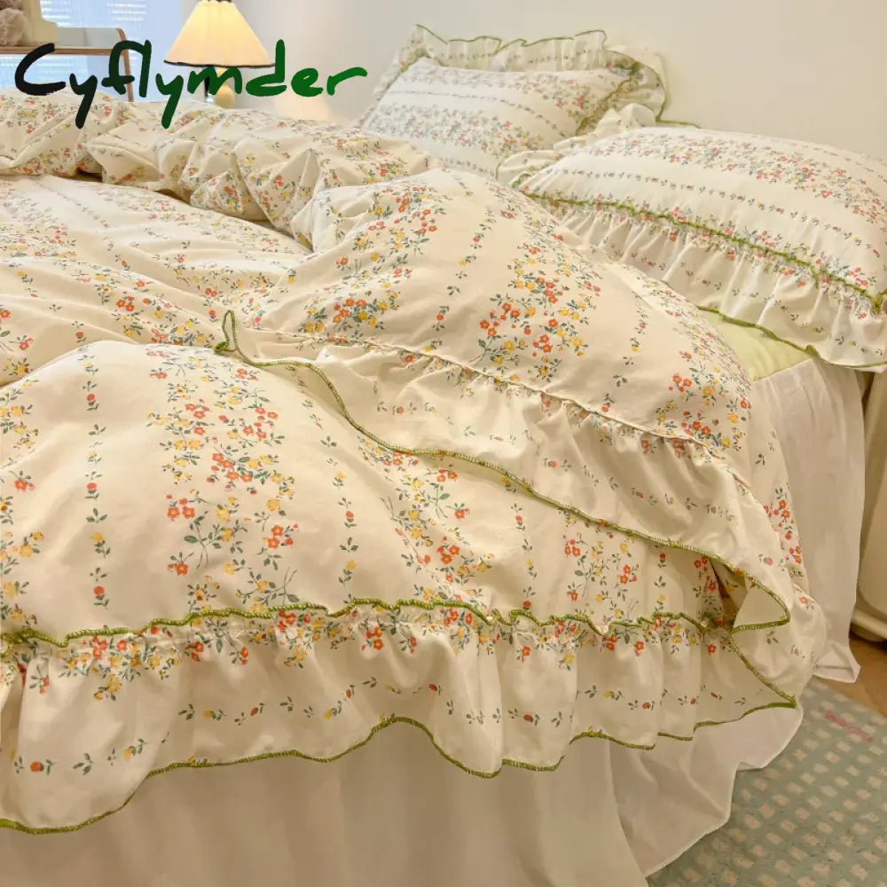 Cyflymder 2/3Pc Korean Princess Style Floral Ruffles Bedding Set Single Queen Size Soft Skin-friendly Washed Cotton