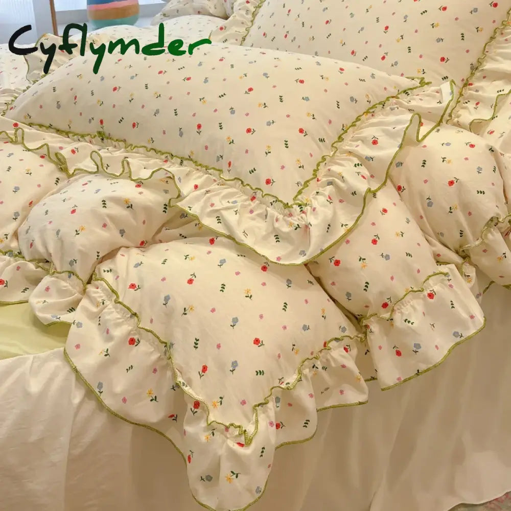 Cyflymder 2/3Pc Korean Princess Style Floral Ruffles Bedding Set Single Queen Size Soft Skin-friendly Washed Cotton