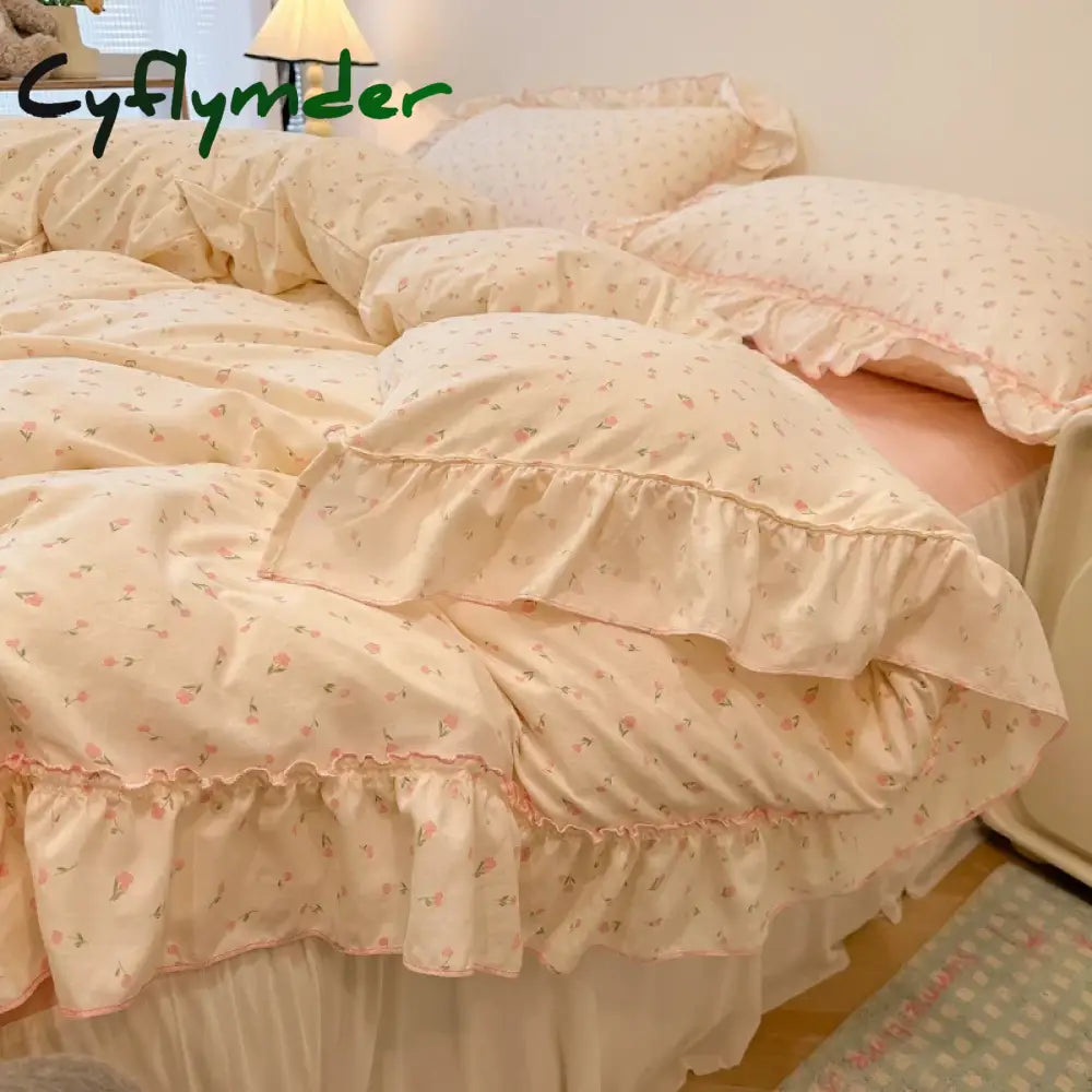 Cyflymder 2/3Pc Korean Princess Style Floral Ruffles Bedding Set Single Queen Size Soft Skin-friendly Washed Cotton