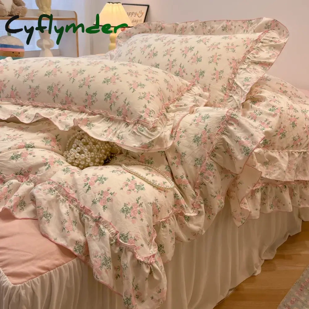 Cyflymder 2/3Pc Korean Princess Style Floral Ruffles Bedding Set Single Queen Size Soft Skin-friendly Washed Cotton