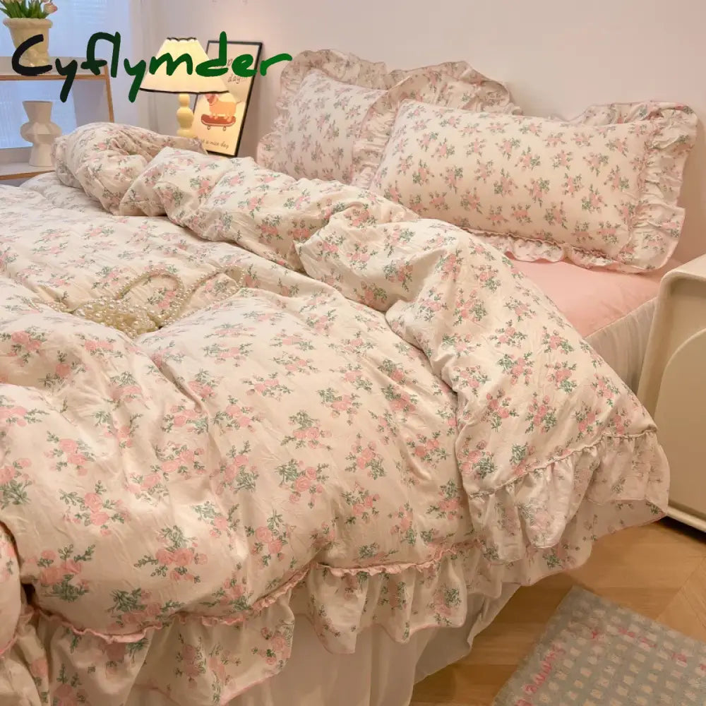 Cyflymder 2/3Pc Korean Princess Style Floral Ruffles Bedding Set Single Queen Size Soft Skin-friendly Washed Cotton