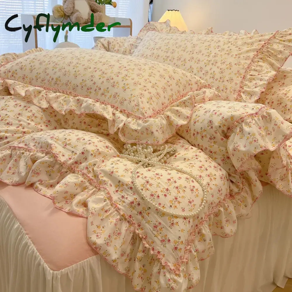 Cyflymder 2/3Pc Korean Princess Style Floral Ruffles Bedding Set Single Queen Size Soft Skin-friendly Washed Cotton