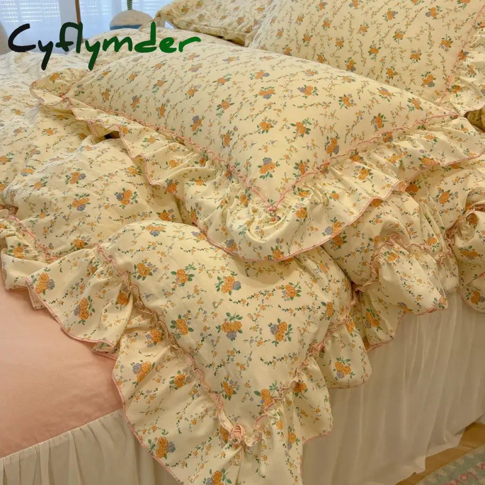 Cyflymder 2/3Pc Korean Princess Style Floral Ruffles Bedding Set Single Queen Size Soft Skin-friendly Washed Cotton