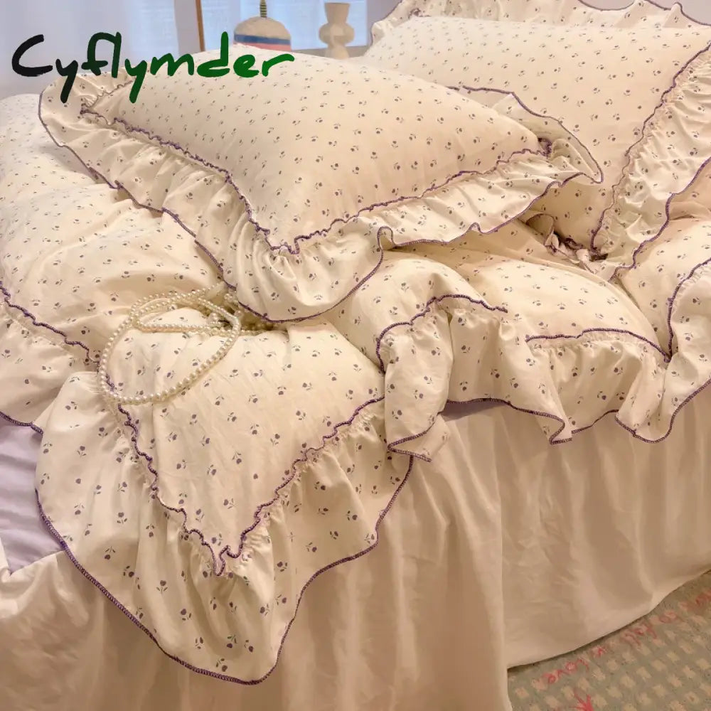 Cyflymder 2/3Pc Korean Princess Style Floral Ruffles Bedding Set Single Queen Size Soft Skin-friendly Washed Cotton