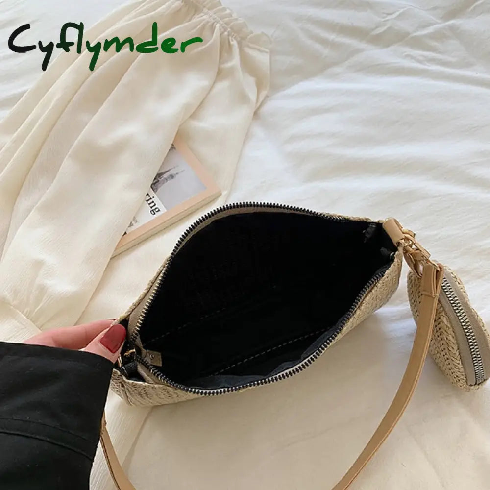 Cyflymder 2 Pcs/Set Straw Rattan Woven Shoulder Bag Fashion Travel Clutch Handbag Summer Beach