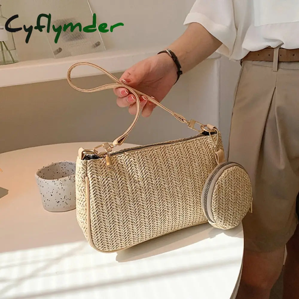 Cyflymder 2 Pcs/Set Straw Rattan Woven Shoulder Bag Fashion Travel Clutch Handbag Summer Beach