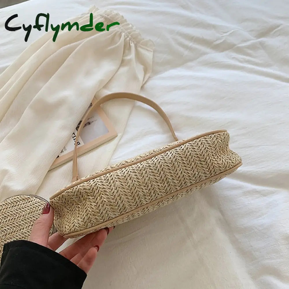 Cyflymder 2 Pcs/Set Straw Rattan Woven Shoulder Bag Fashion Travel Clutch Handbag Summer Beach