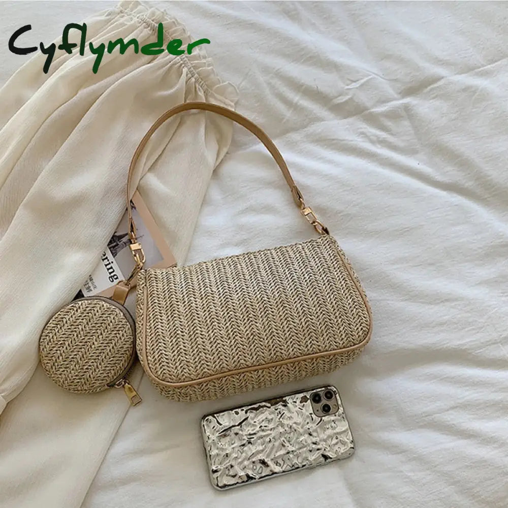 Cyflymder 2 Pcs/Set Straw Rattan Woven Shoulder Bag Fashion Travel Clutch Handbag Summer Beach