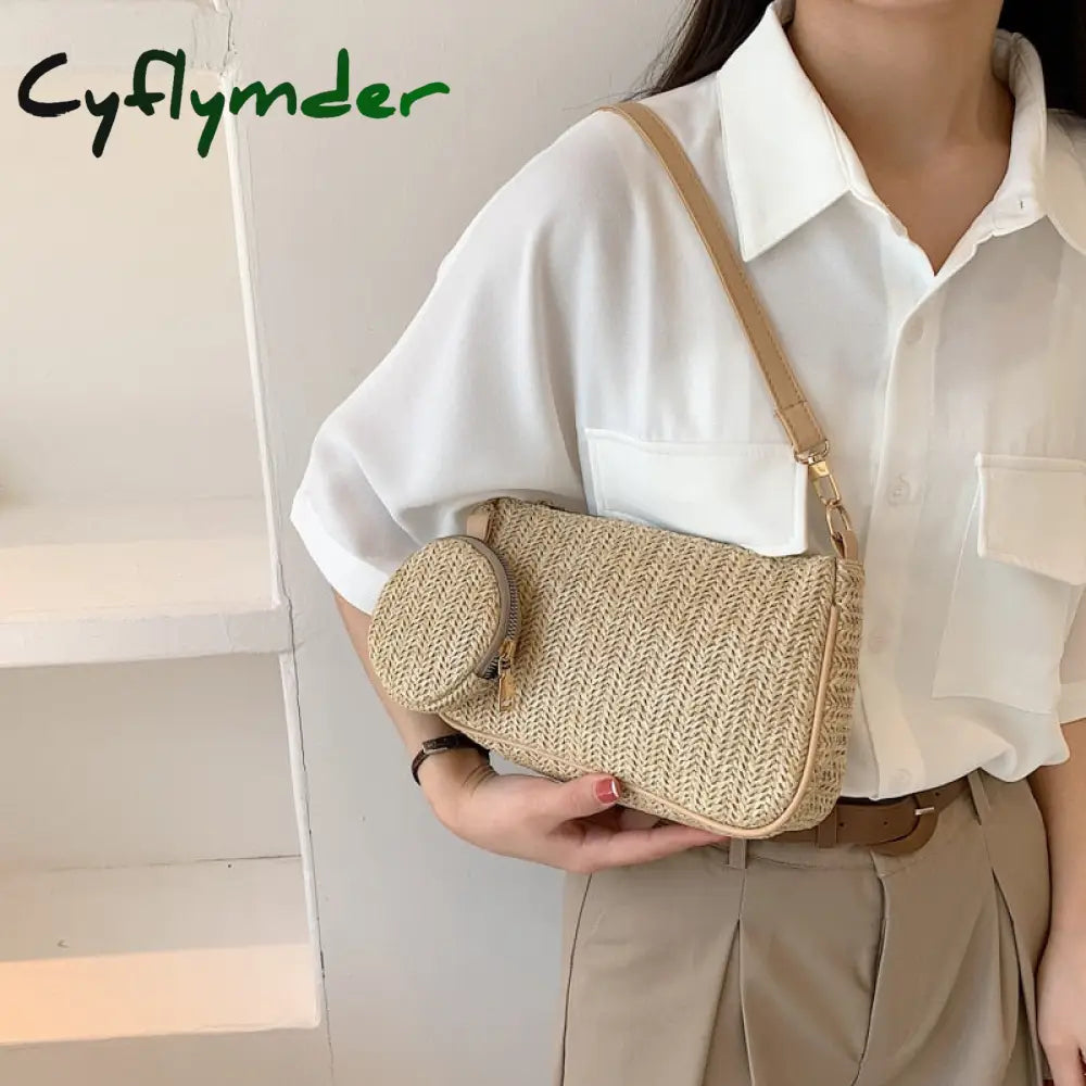 Cyflymder 2 Pcs/Set Straw Rattan Woven Shoulder Bag Fashion Travel Clutch Handbag Summer Beach