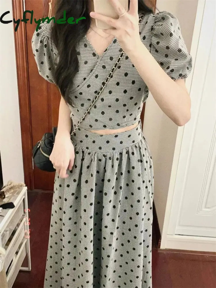 Cyflymder 2024 Girls Summer Blouse Women Suit Shirt Short Sleeves Tops High Waist Long Print A Line