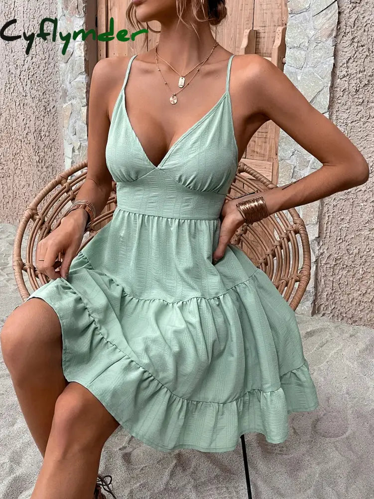Cyflymder 2024 New Dress Women’s Summer Suspended Beach Style Large Hem Slim Back Hollow Bow