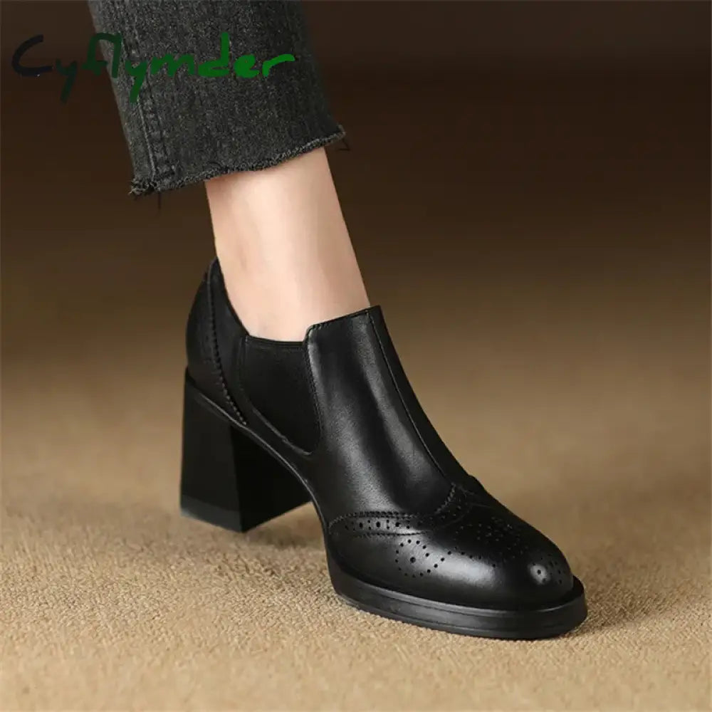 Cyflymder 2024 New Spring Genuine Leather Women Shoes Round Toe Pumps Brogue Designs For High Heel