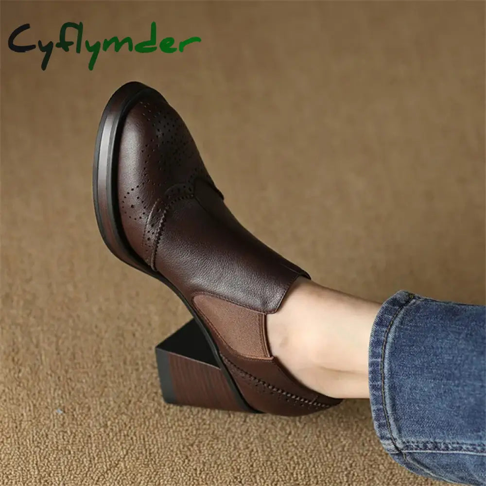 Cyflymder 2024 New Spring Genuine Leather Women Shoes Round Toe Pumps Brogue Designs For High Heel