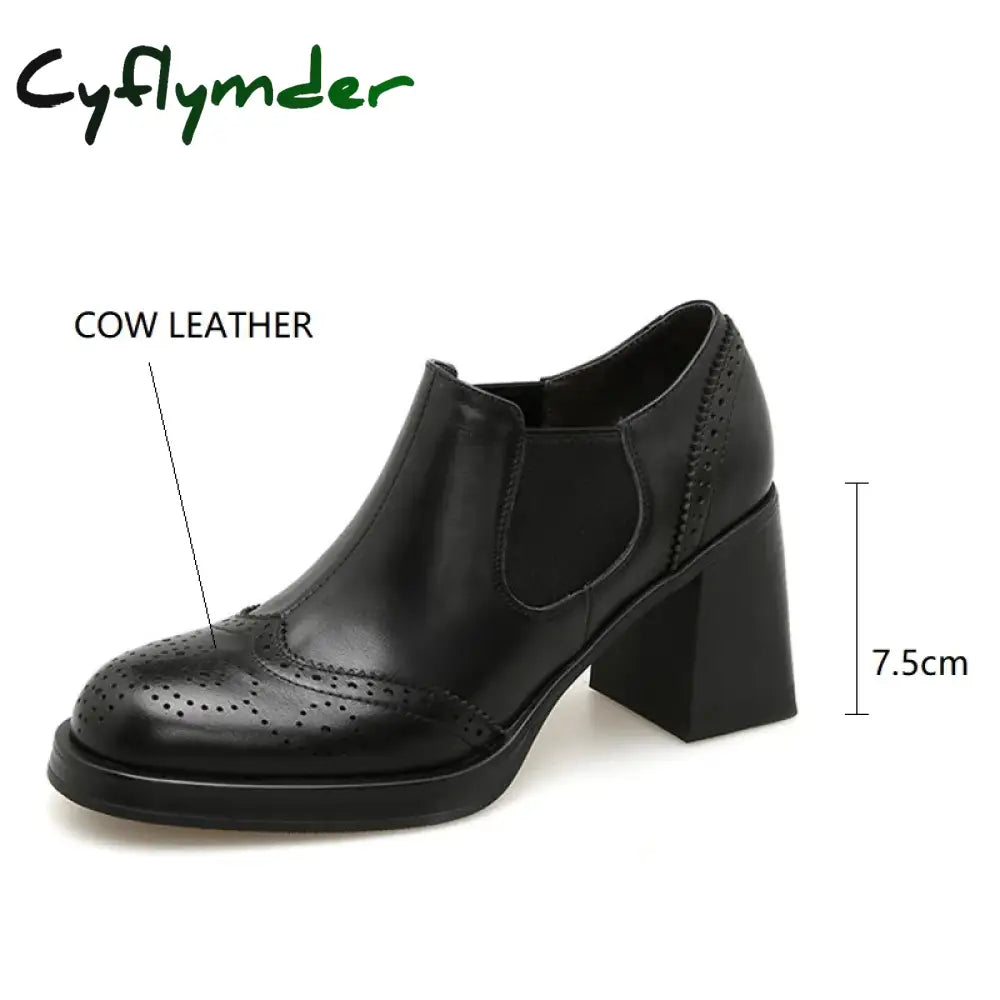 Cyflymder 2024 New Spring Genuine Leather Women Shoes Round Toe Pumps Brogue Designs For High Heel