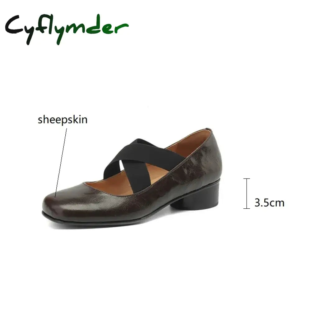 Cyflymder 2024 New Spring Sheepskin Women Shoes Round Toe Low Heel Pumps Mary Jane For Shallow