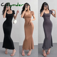 Cyflymder 2024 Summer Solid Color Slim Long Dress Women Short Sleeve Skinny Bodycon Maxi Dresses