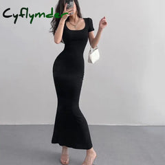 Cyflymder 2024 Summer Solid Color Slim Long Dress Women Short Sleeve Skinny Bodycon Maxi Dresses