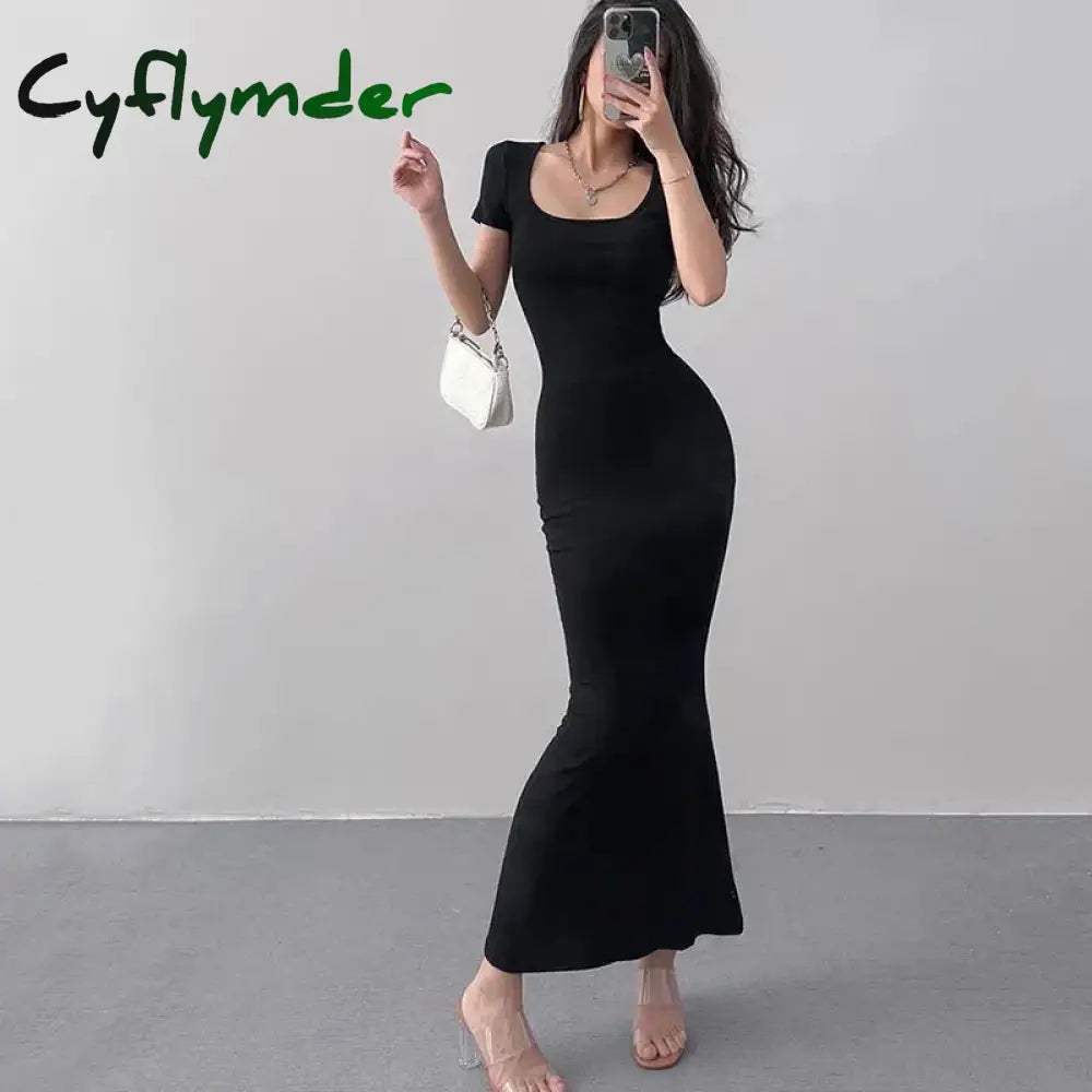 Cyflymder 2024 Summer Solid Color Slim Long Dress Women Short Sleeve Skinny Bodycon Maxi Dresses