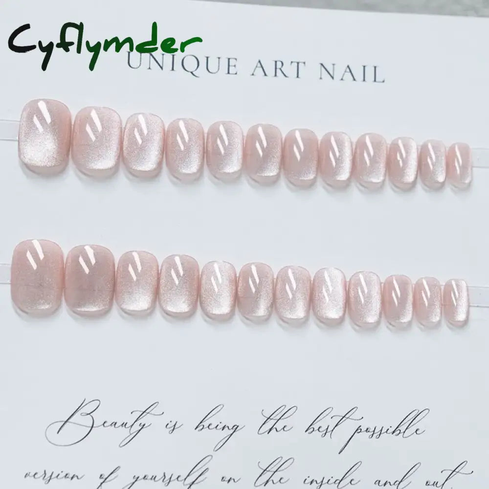 Cyflymder 24 Pcs Cat Eye Winter Press on Nails for Gluing Long Korea False Nail for Girls Cheap Coffin Stick-on Fake