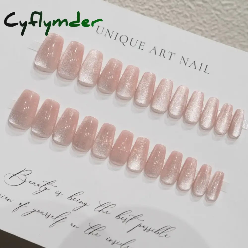 Cyflymder 24 Pcs Cat Eye Winter Press on Nails for Gluing Long Korea False Nail for Girls Cheap Coffin Stick-on Fake