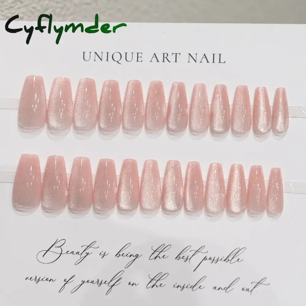 Cyflymder 24 Pcs Cat Eye Winter Press on Nails for Gluing Long Korea False Nail for Girls Cheap Coffin Stick-on Fake