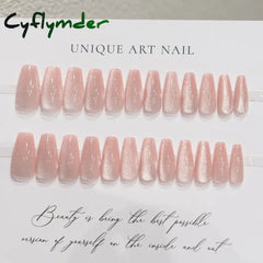 Cyflymder 24 Pcs Cat Eye Winter Press on Nails for Gluing Long Korea False Nail for Girls Cheap Coffin Stick-on Fake