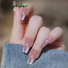 Cyflymder 24 Pcs Cat Eye Winter Press on Nails for Gluing Long Korea False Nail for Girls Cheap Coffin Stick-on Fake