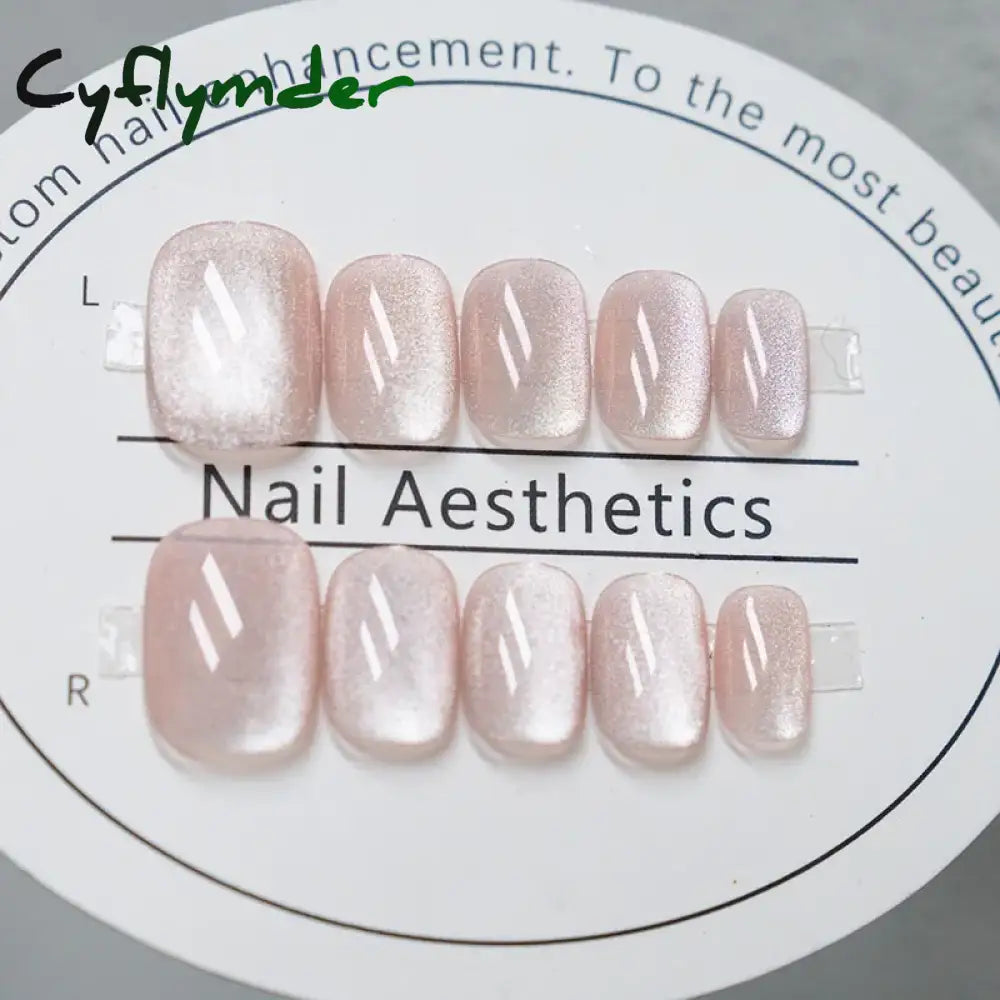 Cyflymder 24 Pcs Cat Eye Winter Press on Nails for Gluing Long Korea False Nail for Girls Cheap Coffin Stick-on Fake