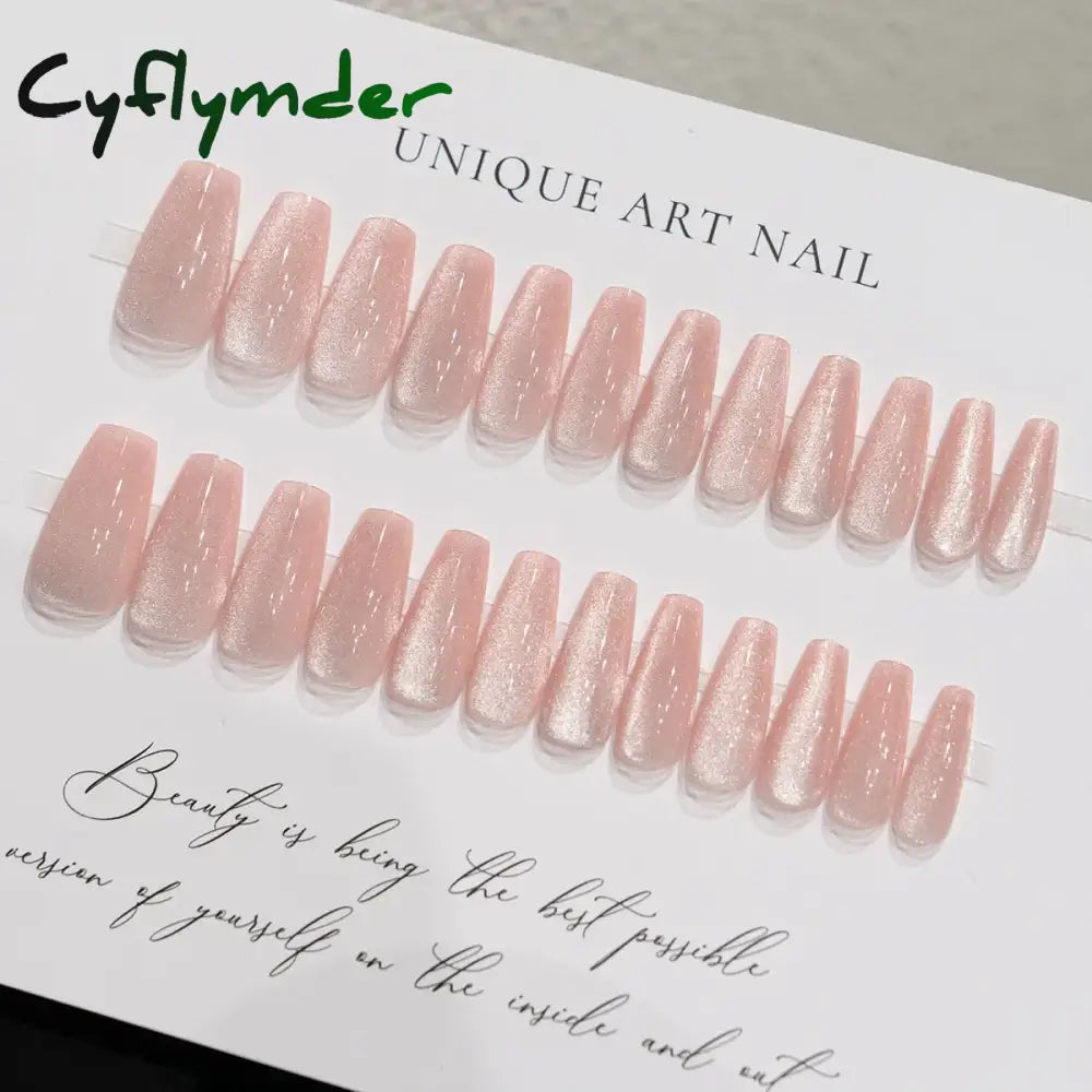 Cyflymder 24 Pcs Cat Eye Winter Press on Nails for Gluing Long Korea False Nail for Girls Cheap Coffin Stick-on Fake