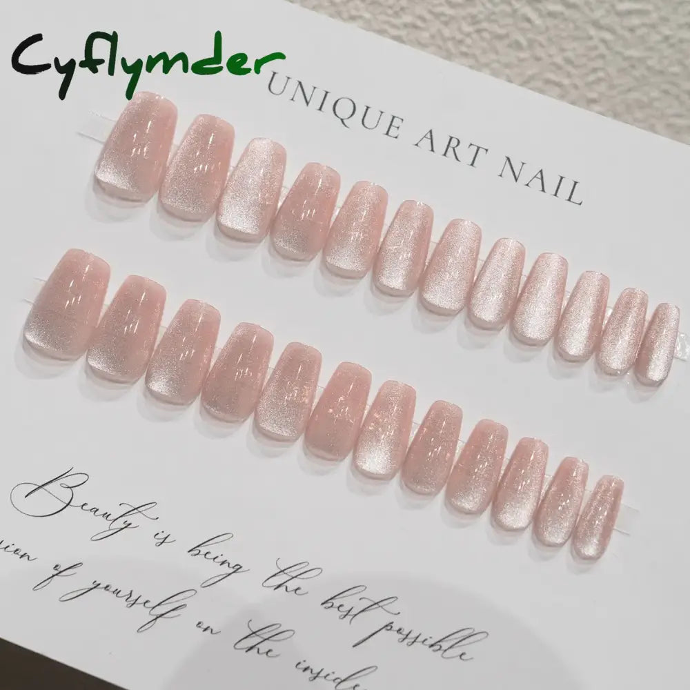 Cyflymder 24 Pcs Cat Eye Winter Press on Nails for Gluing Long Korea False Nail for Girls Cheap Coffin Stick-on Fake