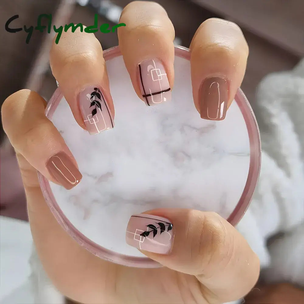 Cyflymder 24 Pcs Glossy Short Flat Press On Nails Pink Glitter French Style Fake Gradient Artifical