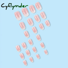 Cyflymder 24 Pcs Medium Oval Press On Nails Pink Gradient Stripe Pattern Fake Glossy Artificial