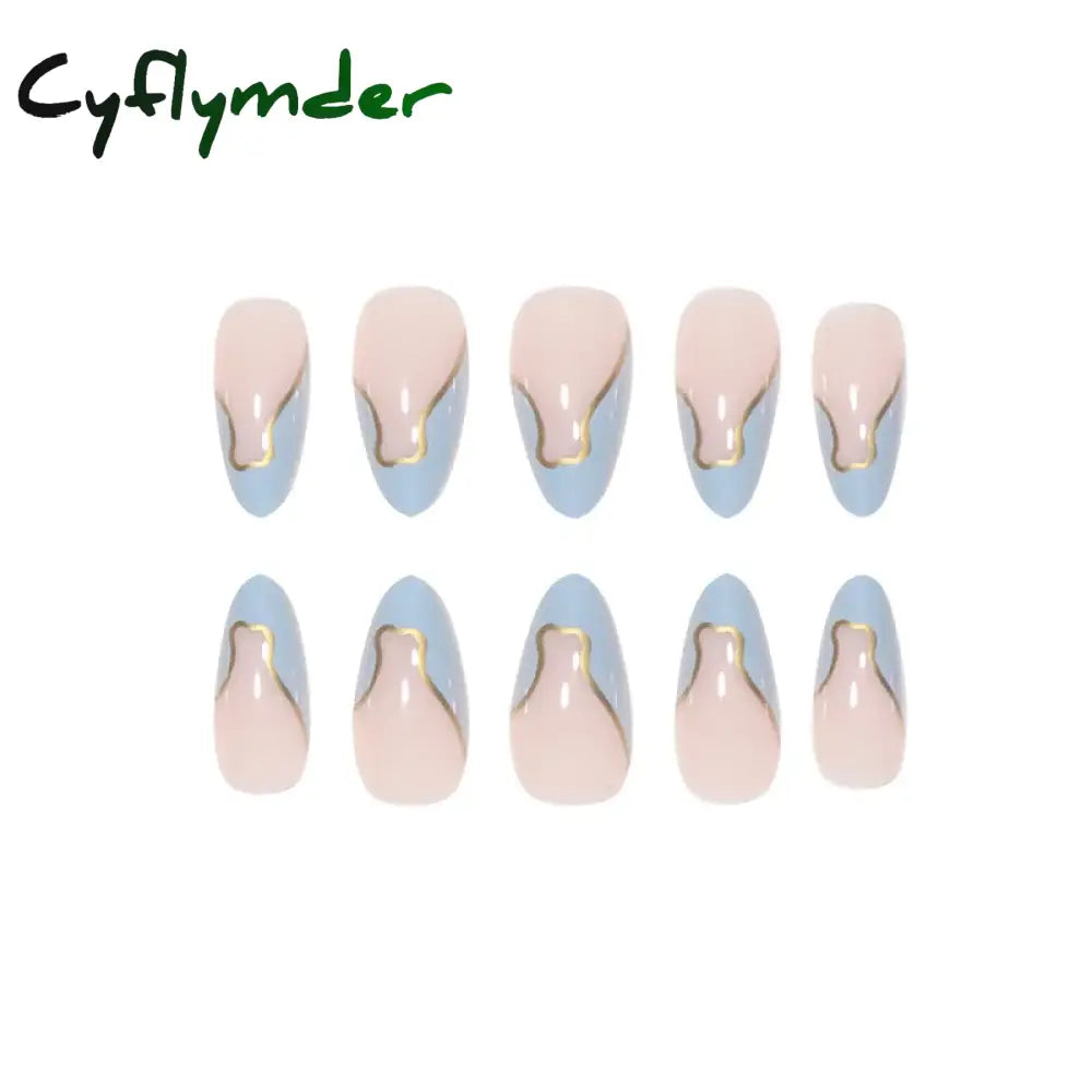 Cyflymder 24 Pieces Long Almond Irregular French style Pattern ABS Full Cover Glossy False Nails Y-252