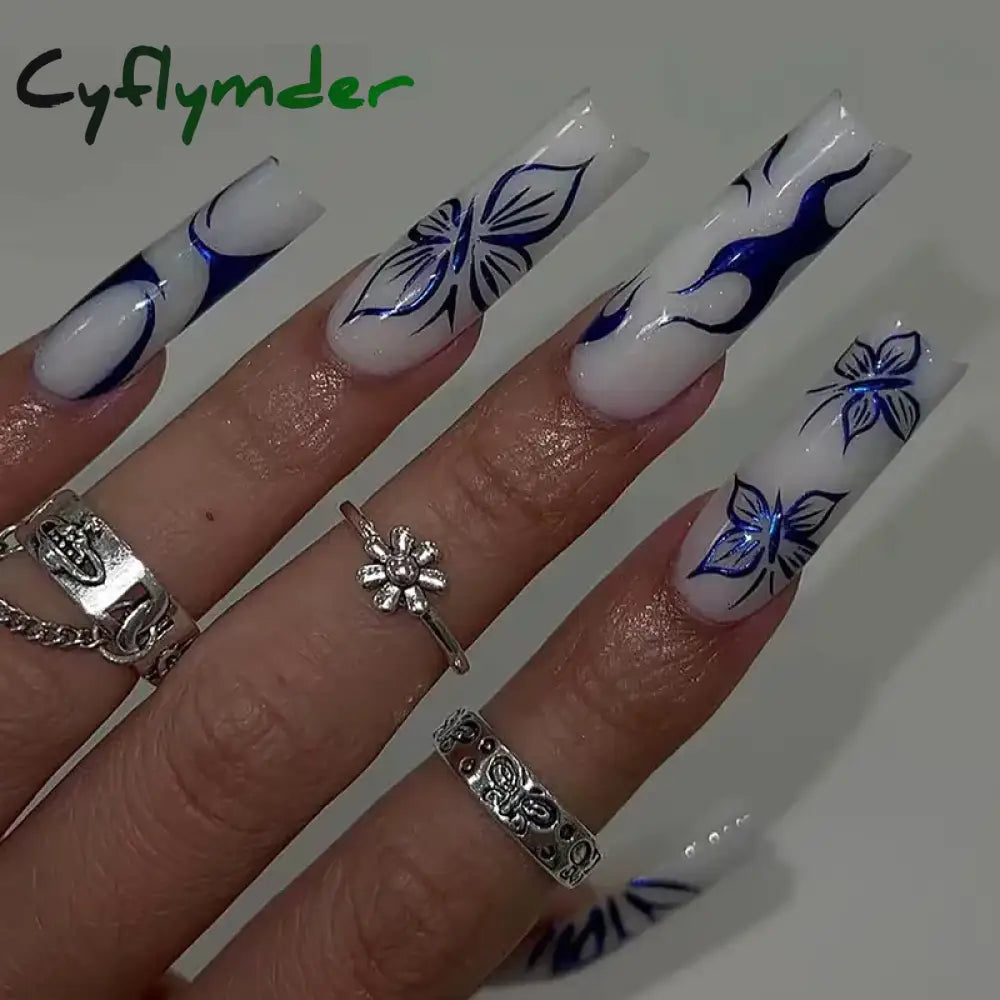 Cyflymder 24Pc Detachable Ballet Coffin French Fake Nails With Designs Butterfly Full Cover Press