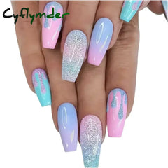 Cyflymder 24Pc/Lot Light Pink Blue Gradient Long Ballet Fake Nails Acrylic Press On Nail Tips