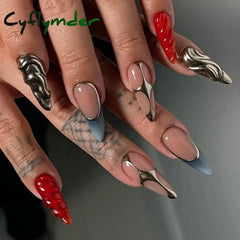 Cyflymder 24Pcs 3D Long Almond False Nails Red Nude Ballet Stiletto Wearable Fake Milktea Color