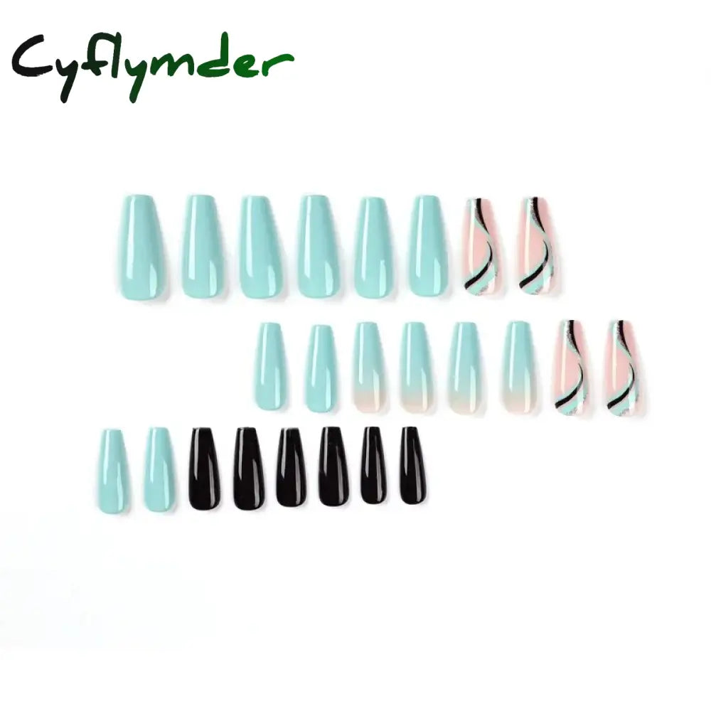 Cyflymder 24Pcs Acrylic False Nails With Glue Wave Line Designs Long Ballet Fake Gradient Coffin