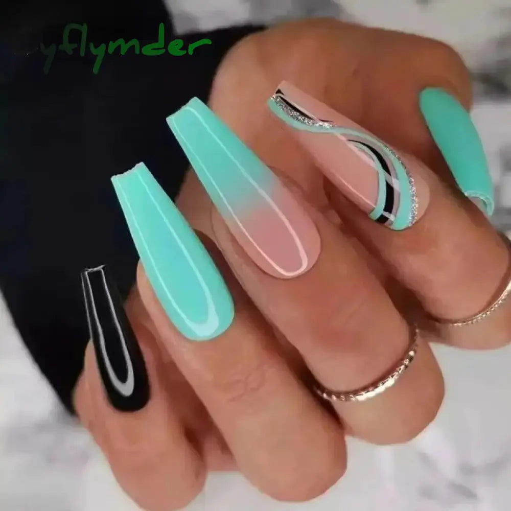 Cyflymder 24Pcs Acrylic False Nails With Glue Wave Line Designs Long Ballet Fake Gradient Coffin