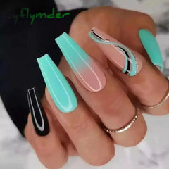 Cyflymder 24Pcs Acrylic False Nails With Glue Wave Line Designs Long Ballet Fake Gradient Coffin